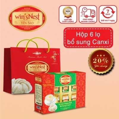 Yến Sào cao cấp win'sNest Tổ Yến Chưng Sẵn Bổ Sung Canxi 20% (6 lọ/ Hộp) kèm túi đựng