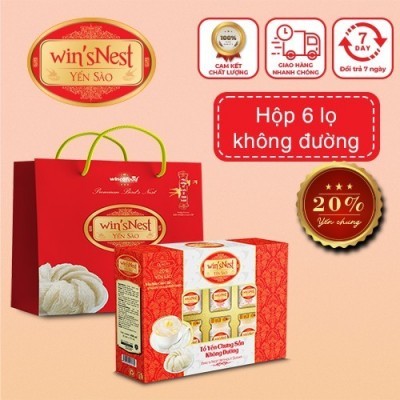 Yến sào win'sNest tổ yến chưng sẵn không đường 20% (6 lọ / hộp) thích hợp cho người ăn kiêng và tiểu đường