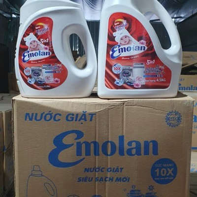 Nước giặt Emolan đánh bay các vết bận cứng đầu trên quần nào hương Downy 4.5L -  Thùng 4 can.