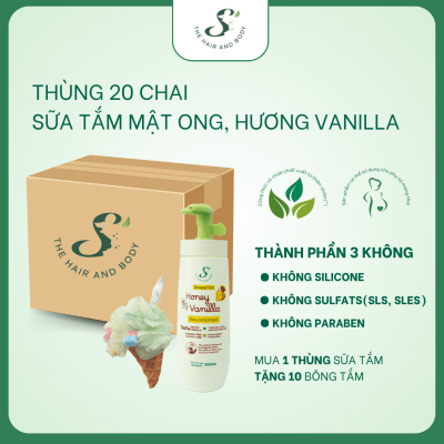 1 Thùng 20 Chai Sữa Tắm Mật Ong Và Vanilla 350mL( Tặng Kèm 20 Bông Tắm)