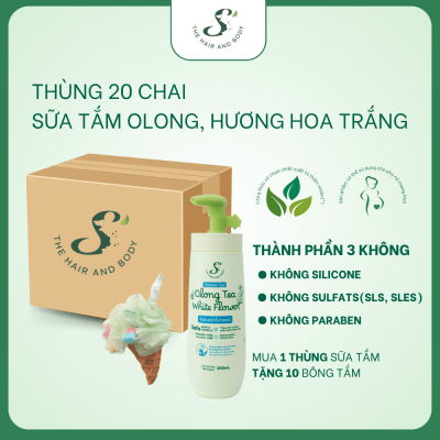 1 Thùng 20 Chai Sữa Tắm Ôlong Và Hoa Trà Trắng 350mL( Tặng Kèm 20 Bông Tắm)