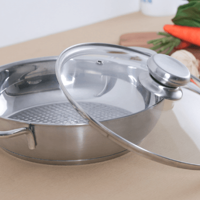 Chảo inox hai quai 3 đáy+ nắp kính, lòng trong inox Nanocook 18cm – LI-3D 