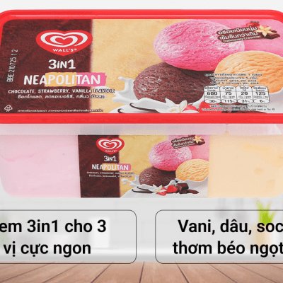 Kem hộp socola vani dâu Wall's 3in1 Neo 390g