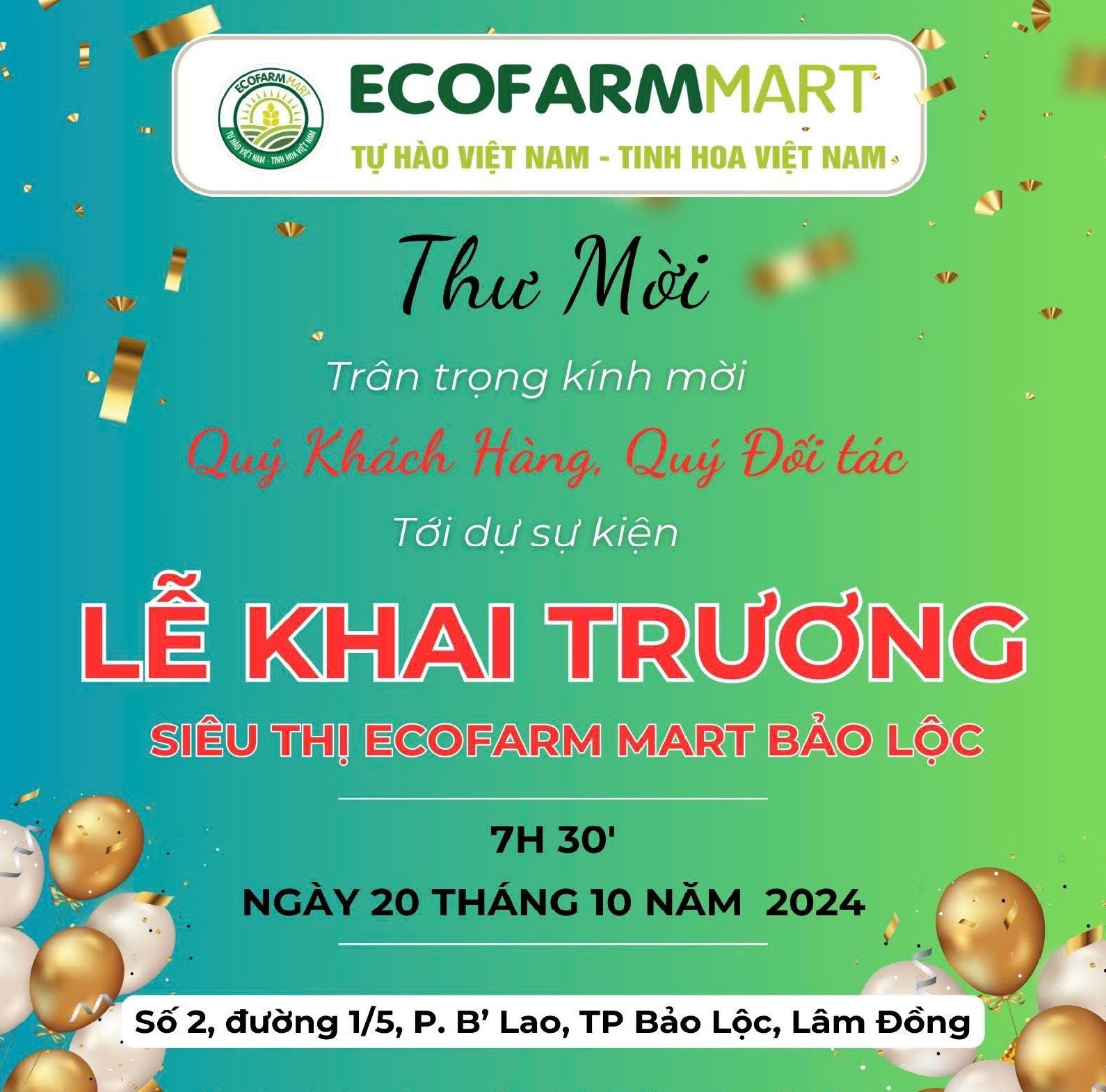 Thư mời tham dự " KHAI TRƯƠNG SIÊU THỊ ECOFARMMART BẢO LỘC"